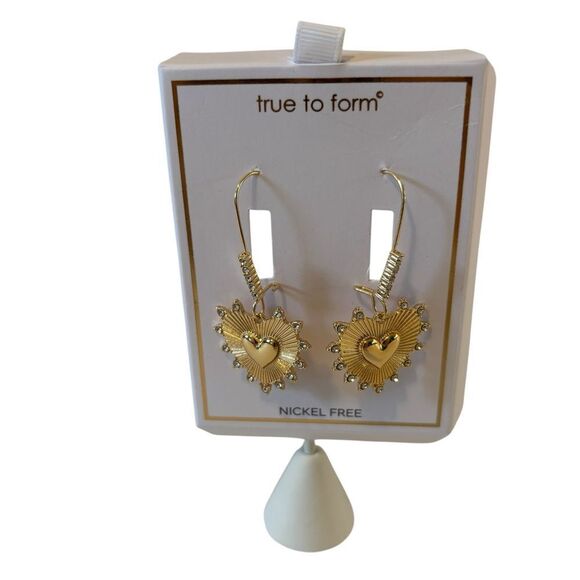 Striking Gold Tone Long Drop Heart Earrings Encircled w/ Pave Crystals. - Picture 2 of 6